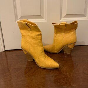 Yellow Croc-Embossed Ankle Boots